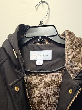 Moving Sale! Liz Claiborne Black Hooded Coat with Geometric Lining